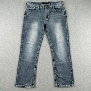 True Luck Jeans Mens 34x30 Blue Denim Straight Leg Heavy Stitch Faded